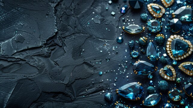 Dark texture backdrop with scattered shiny gemstones - An alluring image showcasing a variety of sparkling gemstones scattered over a dark textured surface, exuding luxury and opulence