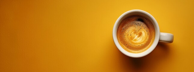A minimalist shot of a black coffee cup with a golden crema on a half gold, half black background.