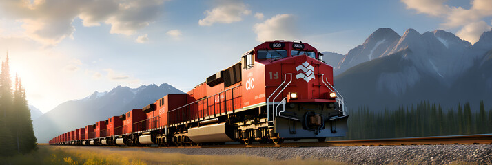 Captivating Image of a CP Rail Freight Train Cutting across Serene Natural Landscape. - obrazy, fototapety, plakaty