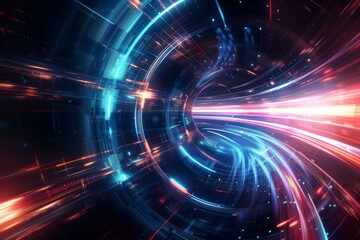 Obraz premium High-Speed Futuristic Data Tunnel Visualization - Dynamic representation of data travel through a high-speed futuristic tunnel, highlighting the fast-paced transfer of information