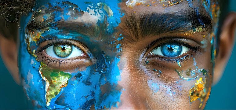 Human face integrated with the world map. Planet Earth and people. Generative AI.