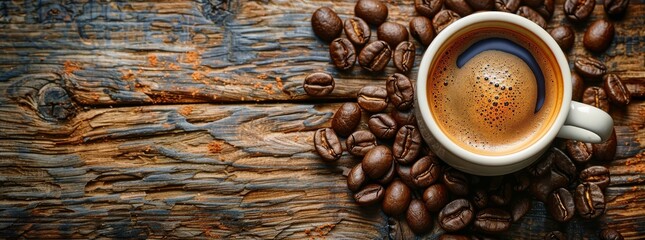 Espresso in a white cup surrounded by coffee beans on a textured wooden background.
