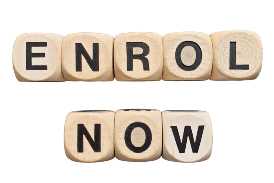 enrol now word on cubes