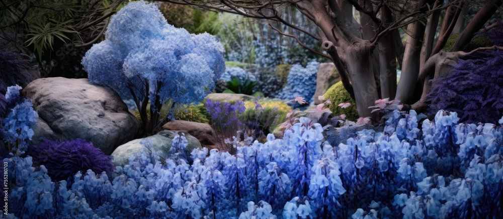 Poster A natural landscape transformed into an electric blue haven with plants, flowers, and trees. The garden is an artful display of vibrant blue hues