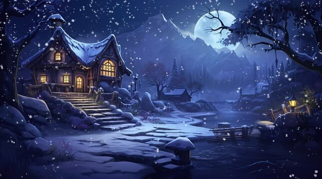 Moonlit Refuge: Snowy Fantasy House Bathed in the Glow of the Full Moon Night
 Seamless looping 4k time-lapse virtual video animation background. Generated AI