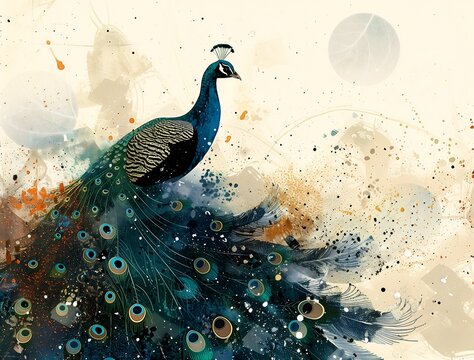 peacock standing piece paper exquisite creature soar spectacular splatter explosion serene peaceful