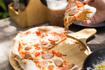 Grab a pizza piece., hot Italian pizza slice delicious fresh.