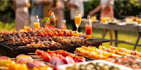 Grilled skewers and vegetables on barbecue at a sunny outdoor gathering.