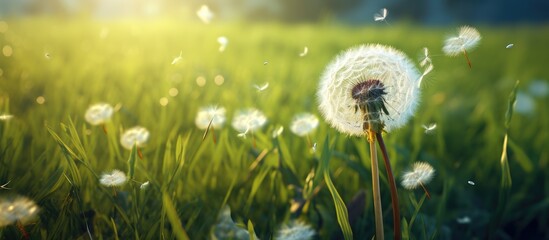 A dandelion seed is being carried by the wind from a closed bud among green grass in a field.