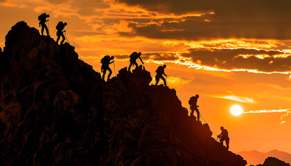 the silhouette of a climber climbing a steep mountain, symbolizes the process and hard work in achieving the target. - obrazy, fototapety, plakaty