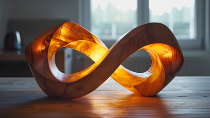  Wooden infinity symbol sculpture, illuminated by warm light. - obrazy, fototapety, plakaty
