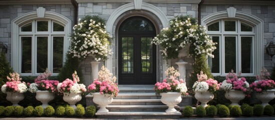 A grand house with a colorful display of flowers in front, enhancing the facade with petals and shrubs in a beautiful garden setting