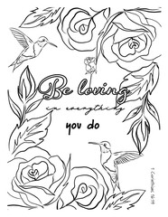 Biblical coloring illustration, Hand-drawn coloring page featuring playful flowers and birds.