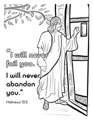 Biblical coloring illustration, Jesus knocks on the door with a bible verse
