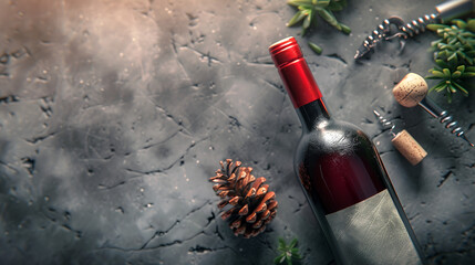 Red wine bottle and corkscrew on soft gray background. generative ai - obrazy, fototapety, plakaty