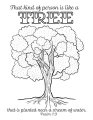 Biblical coloring illustration, Artistic representation of a tree, including its roots, in a variety of illustrative styles