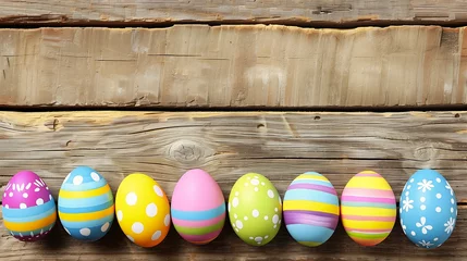 Foto op Plexiglas painted easter eggs lined wooden surface resources background header wall reduce duplication interference failed cosmetic surgery live broadcast important extra characters conquering imbalance © Cary