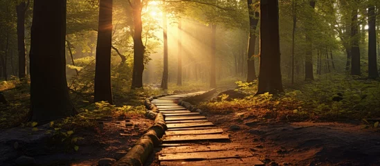 Foto op Canvas The natural landscape is bathed in sunlight as it filters through the trees along a wooden path in the dense forest, creating a picturesque scene with warm heat and vibrant colors © 2rogan