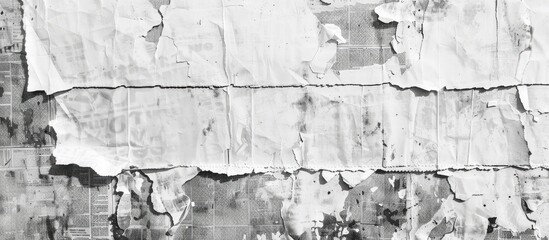 Fototapeta premium A monochrome photo of a torn piece of paper hangs on a building facade, adding an artistic touch to the city landscape. The wood texture and unique font stand out in the monochrome photography