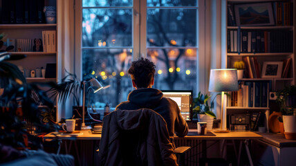Obraz premium Back view of young man sitting in front of computer. Generated- AI