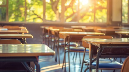 The golden hour light streams through windows onto empty desks in a tranquil classroom setting.