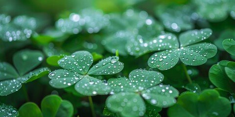 Close-up of dewy green clover leaves, highlighting the freshness and detail of nature after the rain.