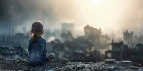 A young girl sits in contemplation, facing a desolate urban landscape shrouded in haze, symbolizing environmental decline. - obrazy, fototapety, plakaty