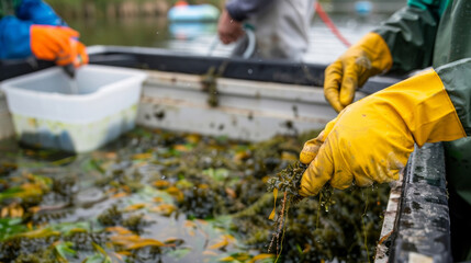 Two scientists wearing gloves and protective gear carefully collecting samples of various types of algae from the waters edge. In the background a large container filled with