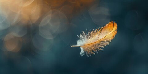 A delicate golden feather drifts elegantly in the air, with a soft, dreamy bokeh background illuminating its detail.