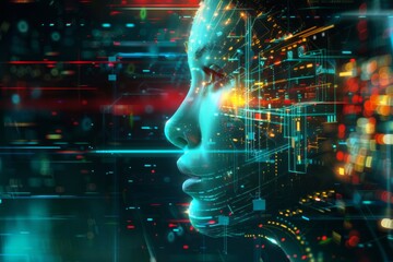 Fototapeta premium Vibrant abstract with human silhouette and grids - This image showcases a digital human silhouette overlaid on a neon light grid, depicting the intersection of humanity and digital networks
