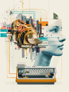 Abstract tech collage with vintage typewriter - A creative blend of mechanical, urban, and circuit imagery, centered around a vintage typewriter reflecting technology's evolution