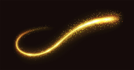 Golden stardust burst trace realistic vector illustration. Magical glitter flow. Twinkling fairy shimmer trail 3d element on black background