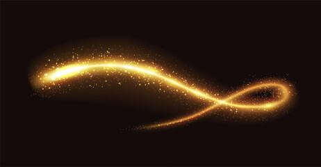 Mystic golden glitter trace realistic vector illustration. Brilliant magic wand trail. Glowing fairy dust 3d element on black background
