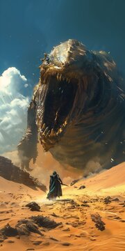 man riding horse desert giant monster stunning arcane ocean creature bloop facing off duel reincarnated slime mimic djinn depicted scene