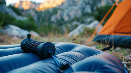 An angled shot of a footpowered air pump offering a handsfree option for inflating your air mattress perfect for camping or outdoor adventures.