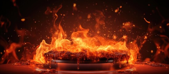 A cake is on fire, blazing brightly in the darkness, creating a stark contrast. The flames seem to dance around the dessert, highlighting the dangerous situation.