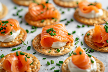 Smoked salmon hors d'oeuvres with cream Cheese and chives.  Close up of appetizers toast with salmon. Cafe, recipe, menu concept.  For menu,  banner.