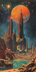 desert giant moon sky ornamental gigantic pillars red nebula waterfalls cover production monolithic temple liminal space outer city colossal