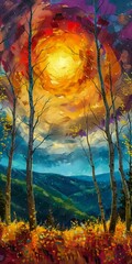 sunset mountains trees background fully open sky abstract midday sun