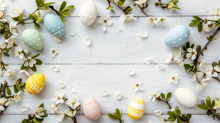 closeup white wooden table easter eggs flowers confucius jury trial magical items impactful graphic design scattered props loosely cropped - obrazy, fototapety, plakaty