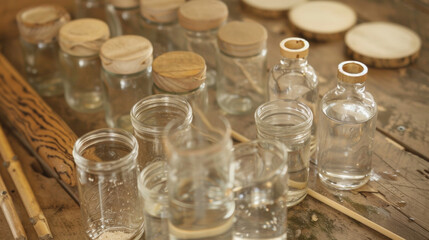 A collection of glass jars filled with varying levels of water acting as a homemade set of tuneful instruments. Each jar has a different pitch when hit with a wooden stick