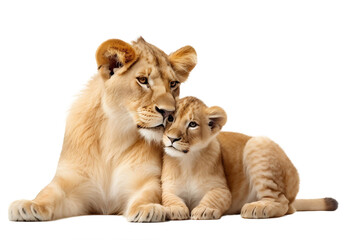 Majestic lions and lionesses caring for cute cubs. realistic portrait isolated on PNG