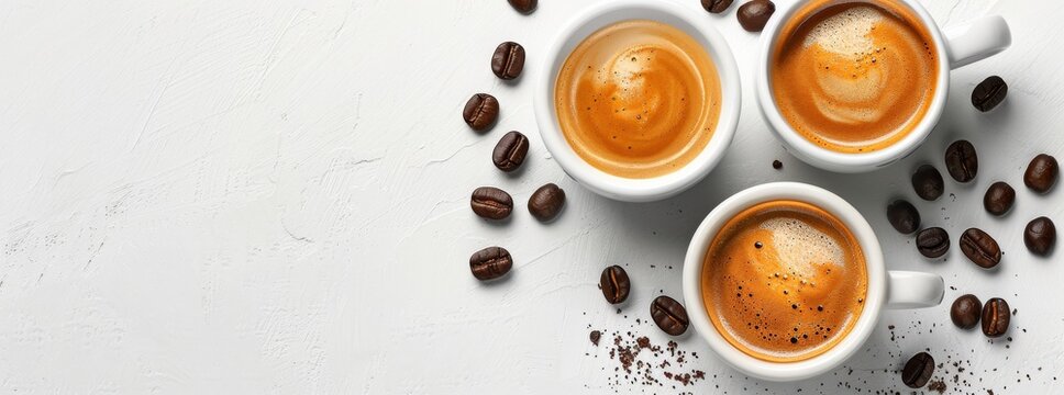 Two cups of hot espresso with scattered coffee beans on a textured white surface.
