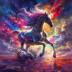 Obraz na płótnie Canvas Anime style powerful stance of a horse wind in mane against a backdrop of dreamlike quality and color explosion