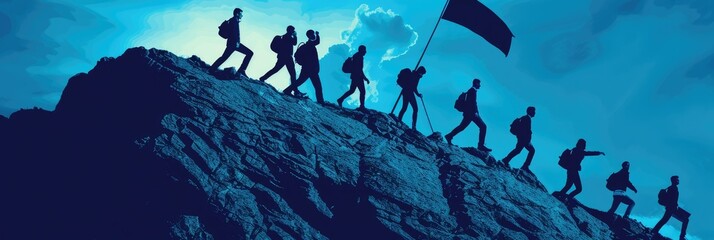 Silhouettes of people climbing a mountain - Evocative blue-toned silhouette imagery of individuals overcoming challenges and reaching the summit of a mountain