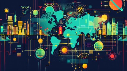 Vibrant digital world map with technological elements - This dynamic image depicts a stylized map with digital and technological graphics symbolizing global connectivity and data flow