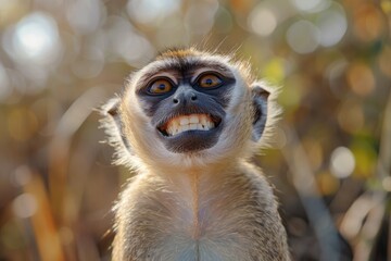 Vervet monkey showing teeth in delight - A vervet monkey is captured in a candid moment, grinning widely, showing teeth against a bokeh backdrop