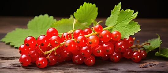 A collection of vibrant red berries, known as red currants, are arranged neatly on top of a rustic wooden table. The berries are surrounded by green leaves, creating a visually appealing and natural
