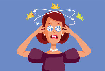 Dizzy Adult Women Having Nausea Sickness Problem Vector Character. Unhappy lady suffering from a neurological condition
