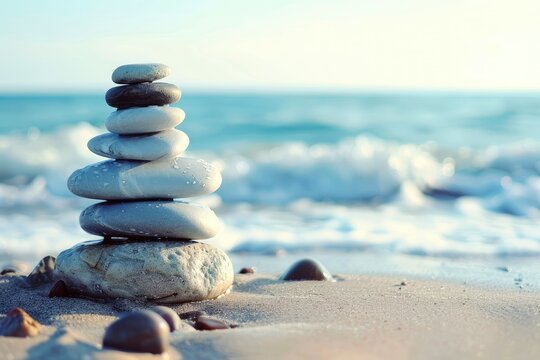 Zen stones stacked on a beach with waves - A serene scene of stacked smooth stones on a sandy beach with gentle waves in the background represents balance and tranquility